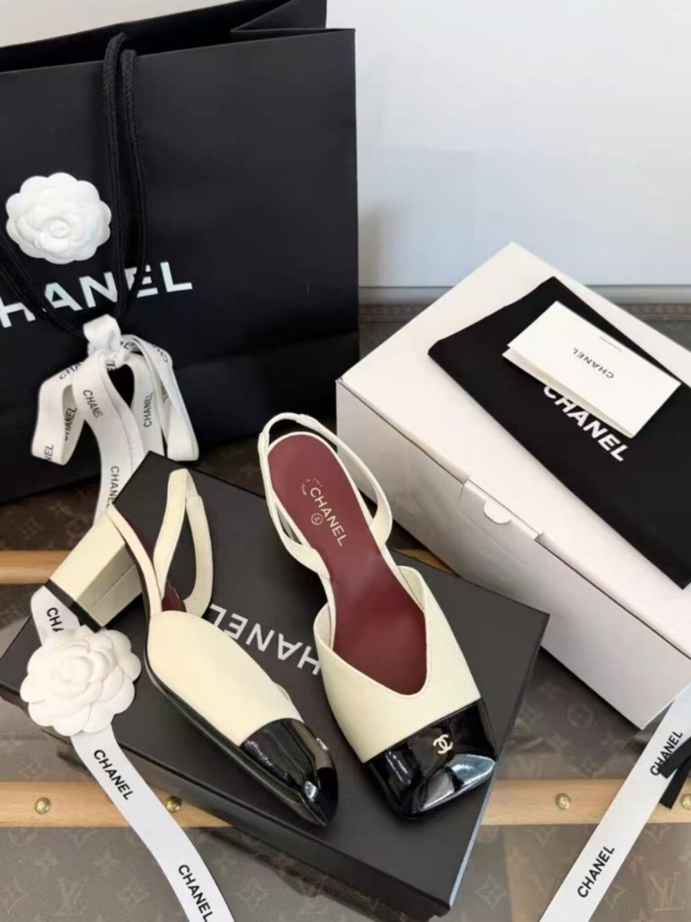 Classic CHANEL Black & White Slingback CC Logo Heels